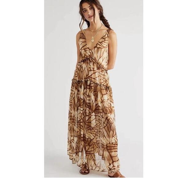 New Free People Julianna Floral Tiered Maxi Dress $168 Small Sable Sand - Picture 1 of 11